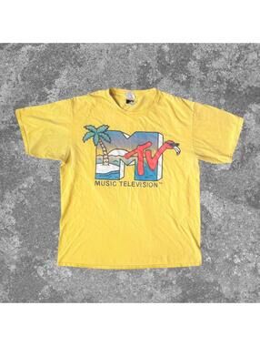 MTV Flamingo Graphic T Shirt Yellow Mens L Retro Beach Summer Y2K Streetwear Tee